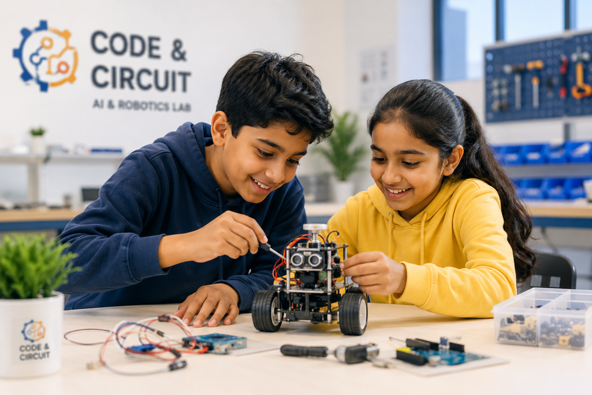 Students building robots at Code and Circuit Lab