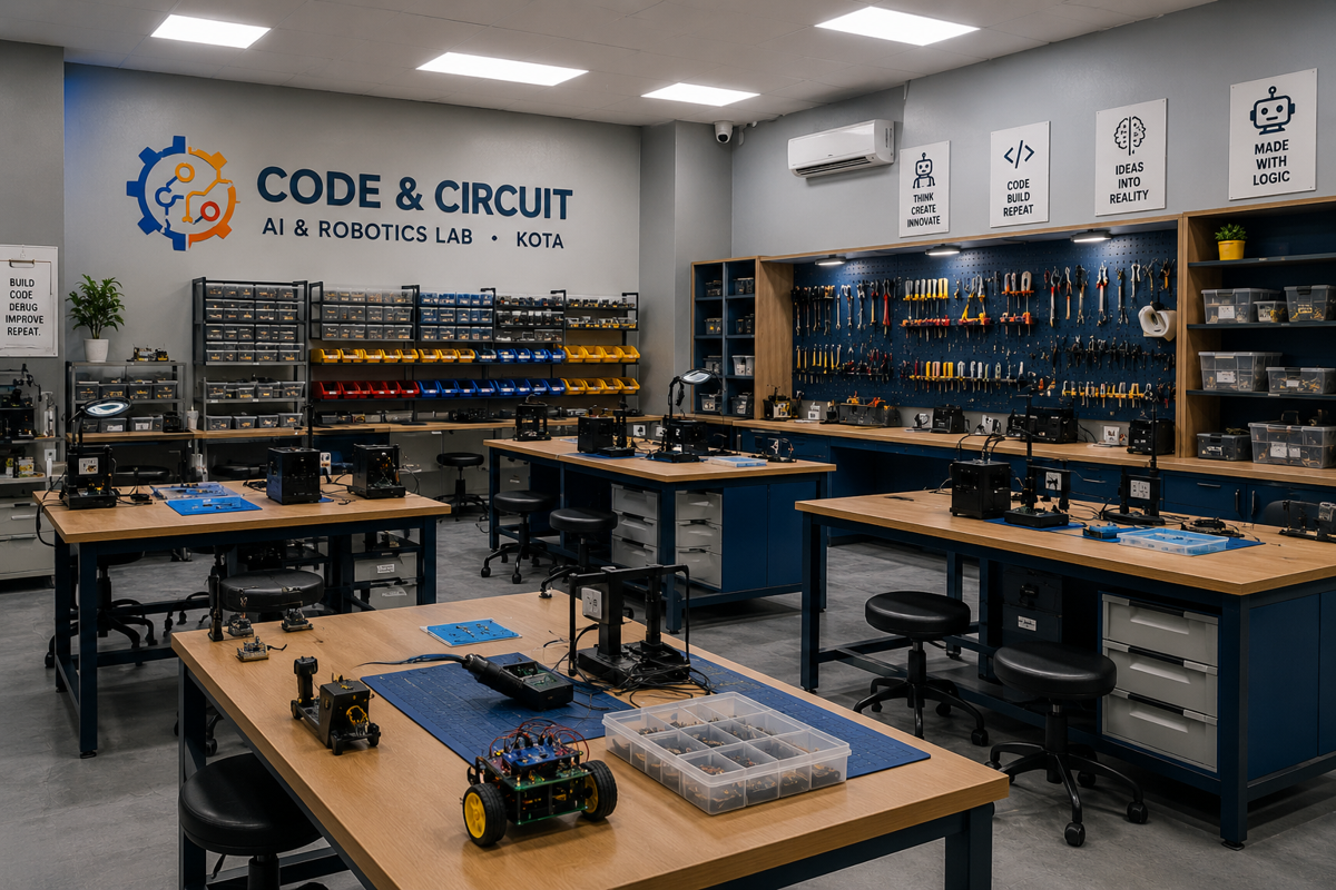 Code and Circuit Lab, Kota — equipped workbenches and component wall